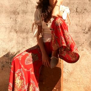 Anthropologie high waist wide leg red silky fluid pants